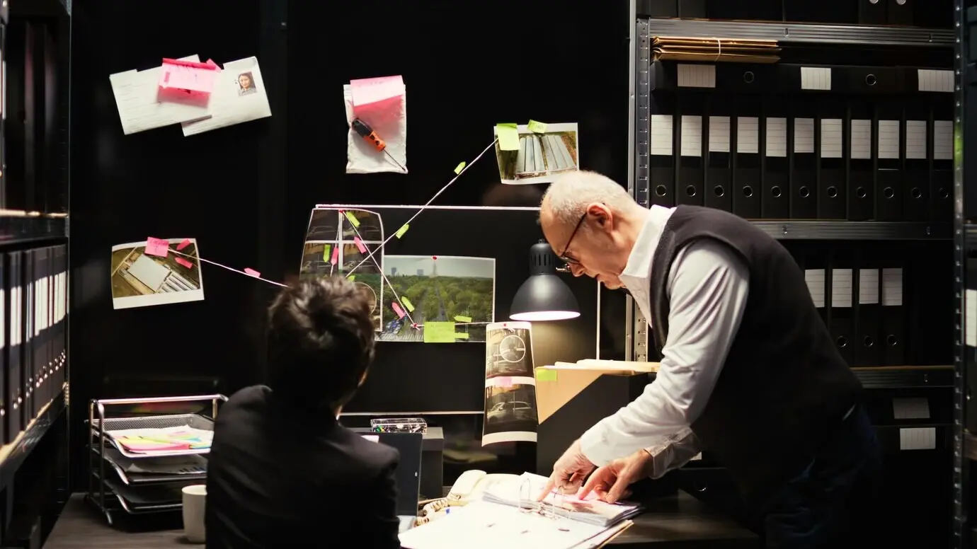 Группа детективов изучает досье по делу.